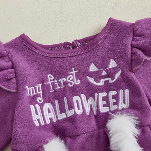 My First Halloween Baby Girl Outfit Ruffled Long Sleeve Velvet Romper Dress Fur Trim Party Dress Fall Clothes Headband4