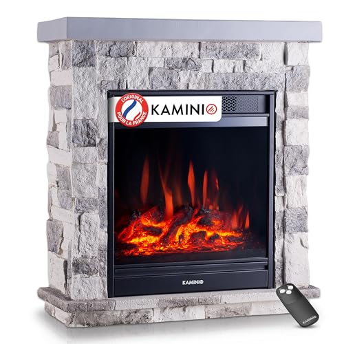 KAMINIO Cheminée électrique Juan - Cheminée sur Pied Aspect Pierre avec Fonction Chauffage, Effet Flammes 3D, télécommande (Gris)