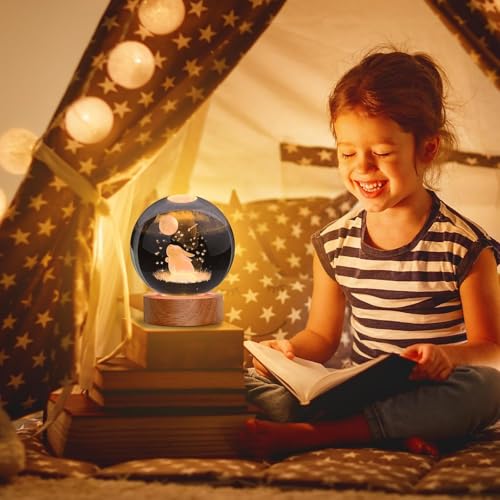 Image of Hamsa Magical Crystal Ball Night Light, LED Color-Changing Globe Lamp, Crystal Ball Lamp, Desktop Decorative Mood Light (16 Color Bunny with Moon)