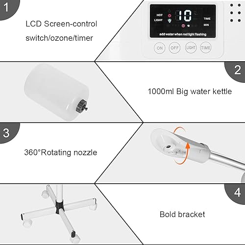 Miniatura 5 de Vaporizador facial con spray de niebla caliente, vaporizador esteticista para salón, spa y hogar, vaporizador facial de soporte sobre ruedas, taza