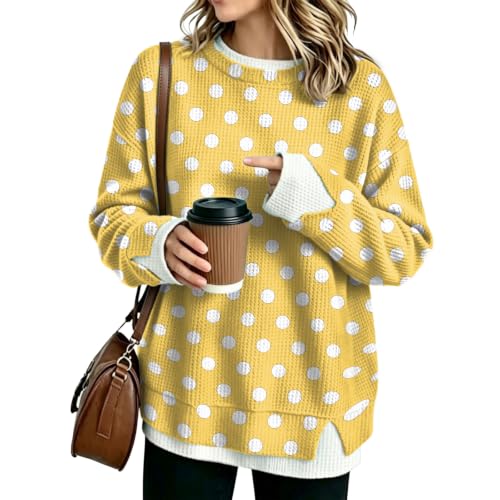 Sweatshirt for Women Crew Neck Waffle Knit Long Sleeve Polka Dot Sweatshirt - image 1