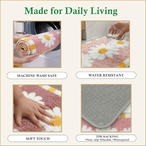 Image of Dream Weaverz 2000 GSM Super Soft Microfiber Bath Mat 40x60 cm | Ultra Absorbent Anti-Skid Quick Dry Bathroom Rug | Floor Mat for Bathroom, Bedroom, Kitchen, Home | Cute Design Bathmat (Peach Flower)