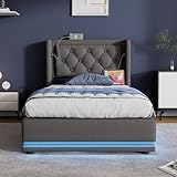 Merax Polsterbett 90 * 200 cm, Grau Baumwolle-Material Hydraulisches Stauraumbett, gepolstertes Kopfteil mit USB Typ-C Ladefunktion, 3-seitige LED-Funktion(Ohne Matratze)