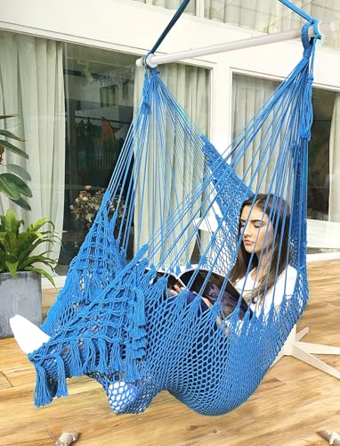 Image of Chihee Hammock Chair Handmade Woven Mesh Hanging Seat Metal Spreader Bar | Cotton Blended Rope Hanging Chair Ventilated Soft-Spun Large Stretch Hammock Swing, Elegant Macrame Indoor Outdoor Garden