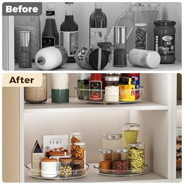3 Pack Clear Lazy Susan Turntable Organizer for Cabinet, Table Top, Refrigerator, Kitchen Pantry Organizers and Storage, Spice Organizer, 12'', 10.6'', 9.25''