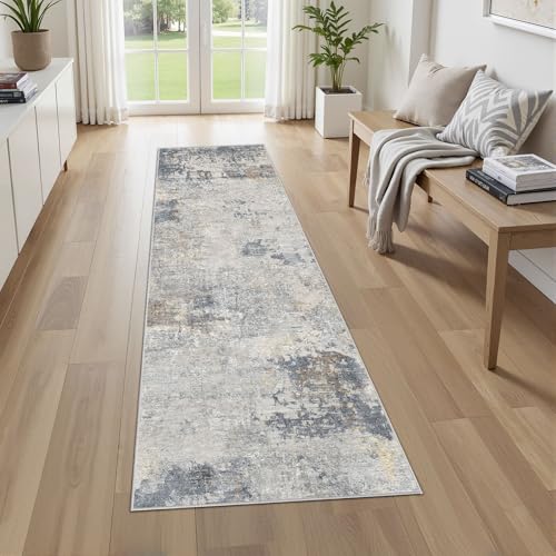 2X8 Washable Runner Rug for Hallway: Soft Neutral Modern Abstract Area Rug - Non-Slip Low Pile Long Throw Indoor Carpet for Kitchen Entryway Kitchen Bedroom Laundry - Blue Grey