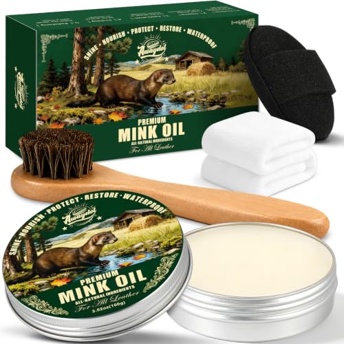 Awaydol 4-in-1 Mink Oil Leather Conditioner and Cleaner 3.52 oz - Premium Waterproof Formula for Leather Cowboy Boots,Shoes,Saddles & Bags with Horsehair Brush, Sponge & Microfiber Cloth