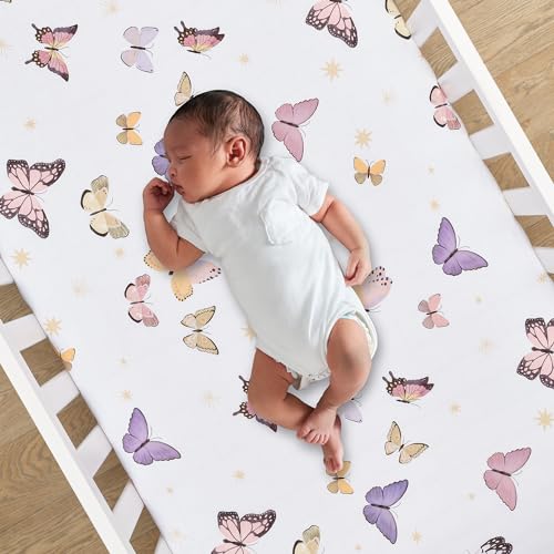 Image of Lambs & Ivy Butterfly Dreams Breathable 100% Cotton Fitted Baby Crib Sheet