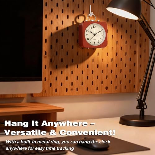 Image of AYRELY Small Metal Alarm Clock, Desk and Table Clock for Travel | Battery Operated Retro Silent Clock with Light for Bedroom, Bedside, Shelf and Living Room Decor (Red)