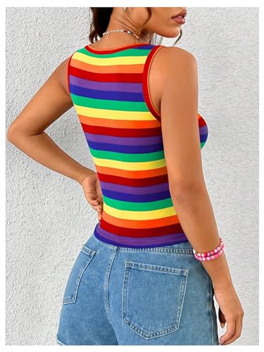 SweatyRocks Women's Rainbow Striped Print Square Neck Tank Top Summer Casual Sleeveless Fitted Tops3