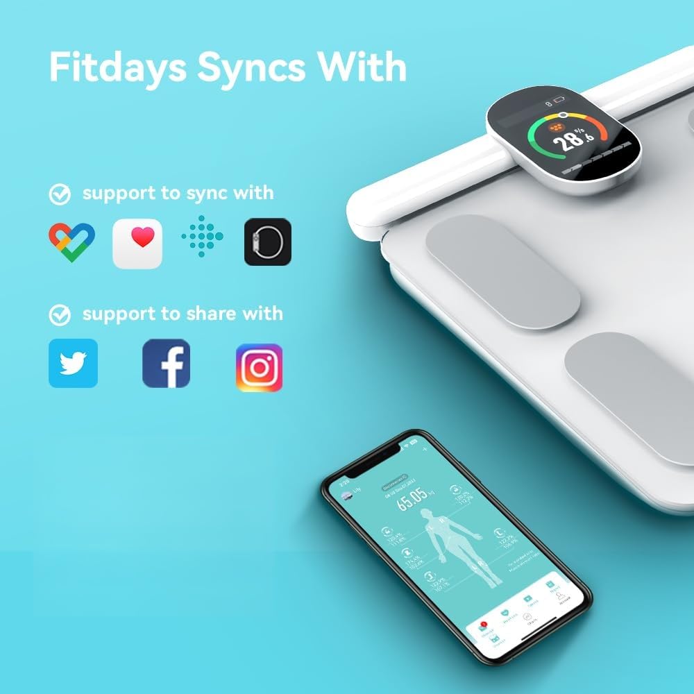 Fitdays Waage für Körpergewicht und Fettanteil, 8 Elektroden, hochpräzise Digitalwaage für BMI 20 Körperzusammensetzung, intelligente Badezimmerwaage mit großem Farbdisplay (FG2305ULB-WHITE)