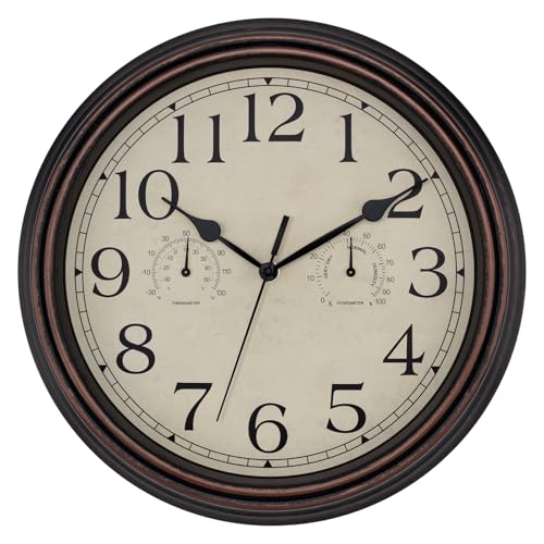 Foxtop Indoor Outdoor Waterproof Wall Clock with Thermometer and Hygrometer Combo, 14 Inch Retro Silent Non-Ticking Battery Operated Quartz Round Outdoor Clocks for Patio Home Office (Bronze)