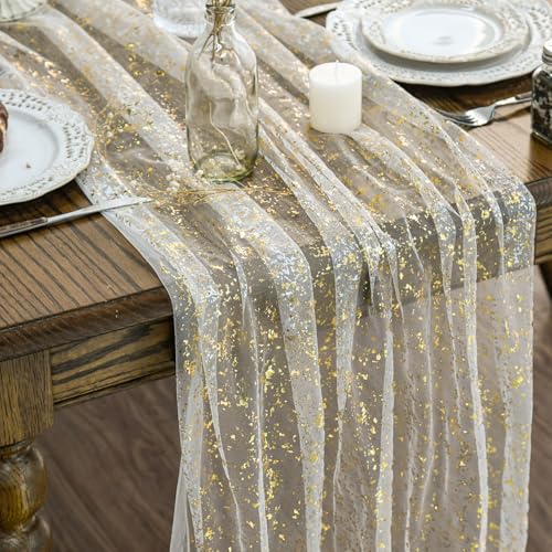 Artoid Mode Gaze Tüll Glitter Folie Beige Gold Tischläufer 70x300 cm, Küche Tisch Dekoration Drinnen Urlaub Party Geburtstag Dekor