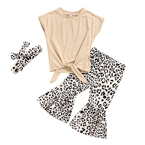 Toddler Kids Girl Leopard Bell Bottom Outfit Set Yellow Shirt Tops + Flare Pants Autumn Clothing Set (Leopard, 12-18 Months)