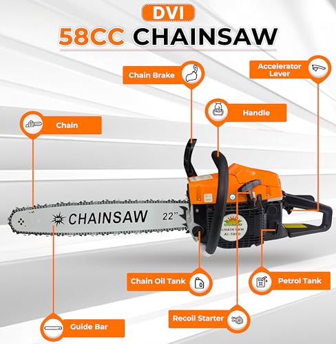 Image of HEAVY DUTY 22inch HARVESTOR CHAIN SAW, 58cc 2 stroke Air cooled Cutting trees, Wood cutting, Garden Yard, Agriculture, industrial, Rescue Landscapes, Orange (AI-5800 PETROL CHAIN SAW)