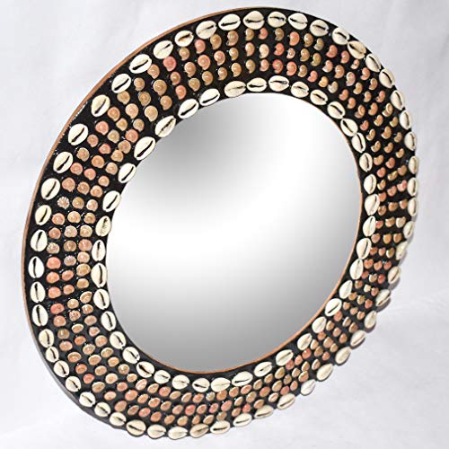 Image of 15 inch Sea Shell Wood Crafted Wall Mount Round Mirror for Wall - Rustic Accent Mirror for Bathroom - Entry - Dining Room - Living Room - Gift (15 inch x 15 inch, Antique)