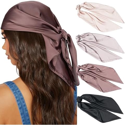AWAYTR 27.5” 100% polyester Square Head Scarf - 4PCS 100% polyester Head Scarves for Women Hair Kerchief Bandanas Sleeping Head Wraps (Solid color(Black/Coffee//Apricot/Light khaki)) Cover