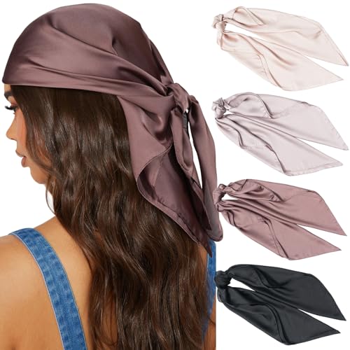 AWAYTR 27.5” Silk Satin Square Head Scarf - 4PCS Satin Head Scarves for Women Hair Kerchief Bandanas Sleeping Head Wraps