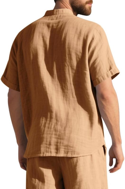 Men's Cotton-Linen Shirt - Short Sleeve Button Down Breathable Business Casual Shirt with Pocket for Vacations - Image 2