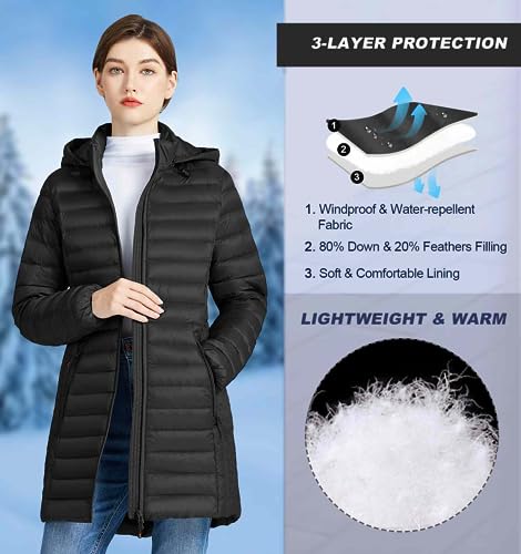 SLOWTOWN Women’s Lightweight Down Puffer Coat Packable Long Down Coat Hood Winter Puffer Jacket4