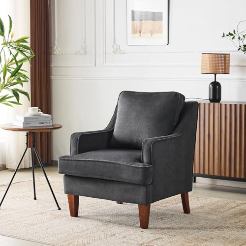 VINGLI Mid-Century Modern Accent Chair, Black Upholstered Armchair Comfy Sofa Chair Reading Chair High Back for Living Room Bedroom Furniture Apartment
