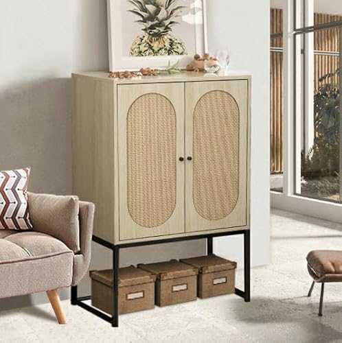 Lamerge Rattan Cabinet,2 Door Sideboard Buffet Cupboard Accent High Cabinet With Natural Rattan,Free Standing Bookmatch,Adjustable Shelves,Easy Assembly,Rustic Oak Beige (Lrc-Ob) #TOP7