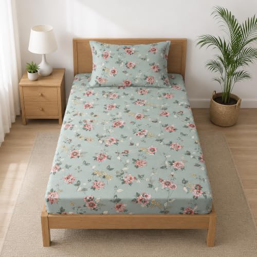 Image of la' amour Single Fitted Bedsheet with 1 Pillow Cover, Soft Breathable Elastic Bed Sheet for Single Bed, Premium Printed Bedsheet with All Around Elastic - 36 x 72 + 6 Inches, Sage Green