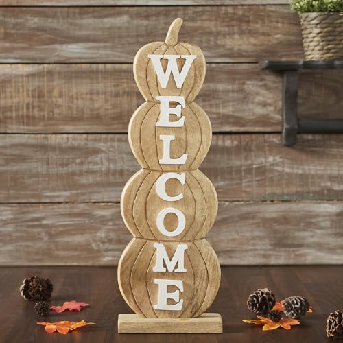 VHC Brands Tropical Wood Pumpkin Stack Welcome Wooden Sign Large 24.5x8.25x3, Fall and Thanksgiving Home Decor for Tables and Shelves, Indoor Decorations for Tabletop