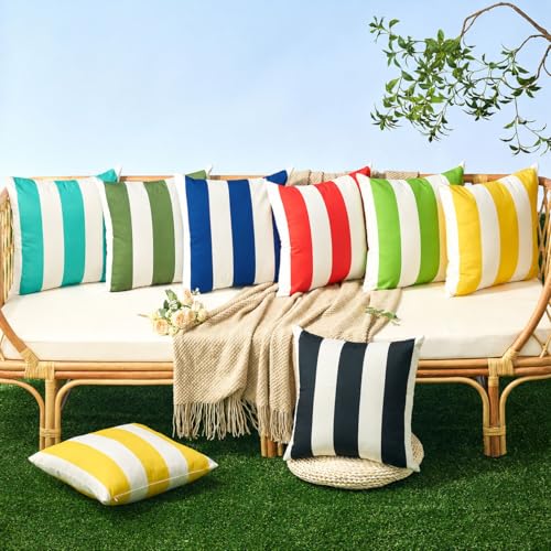 Image of Allorry Outdoor Pillow Covers 16x16 Set of 2 Royal Blue Striped Decoration Throw Pillow Covers for Spring Summer Outdoor Waterproof Garden Patio Furniture Sofa Bed Home Decor JB007-N16
