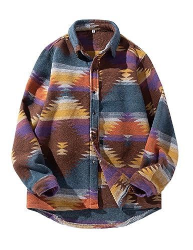 Image of FindThy Men's Brushed Flannel Shirts Ethnic Aztec Print Button Up Lapel Tribal Shirt Jacket Shacket
