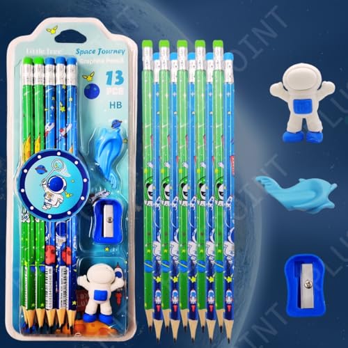 Image of PLUSPOINT 26 Pcs Space Theme 20 Pencils for Kids with 2 erasers 2 sharpeners 2 Grips Astronaut Space Design Perfect for Birthday Classroom and School Supply
