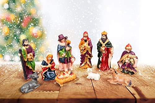 SHATCHI Small/Large Handmade Nativity Scene Birth Jesus Christ Wooden Stable and 10pcs/12pcs Figurine House Sculpture Christmas Decoration Xmas Décor, Multicolour, 10pcs Figures