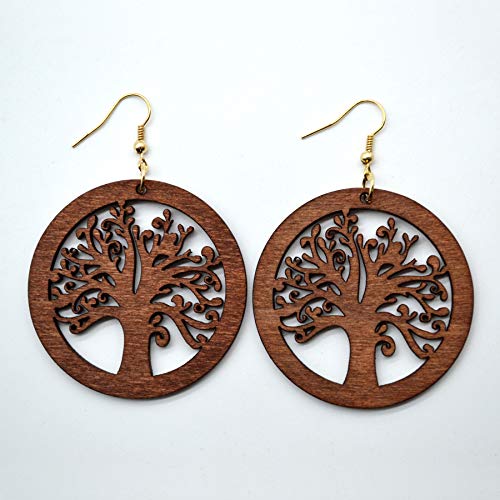 2 Pairs Bohemian Lightweight Wooden Tree of Life Dangle Earrings Handmade Teardrop Round Wood Earrings for Women3