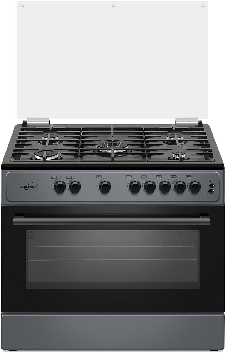 Star Track Freestanding Gas-Cooker 5-Burner Full-Safety,(Full Sabaf) Steel Cooker, Gas Oven with Rotisserie, Automatic Ignition(Grey) SG-KL9060-G