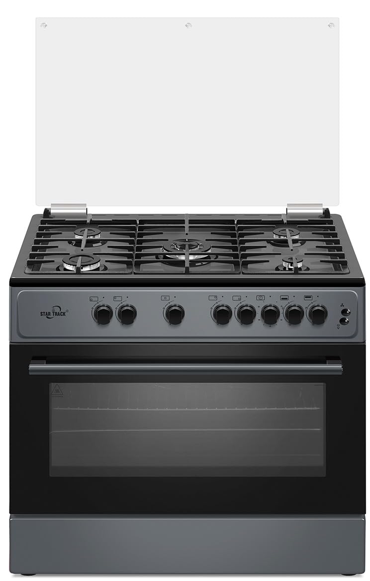 Freestanding Gas-Cooker 5-Burner Full-Safety,(Full Sabaf) Steel Cooker, Gas Oven with Rotisserie, Automatic Ignition(Grey) SG-KL9060-G