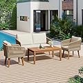 4-Piece Patio Conversation Set, Outdoor Sofa Set with Solid Wood Loveseat, 2 Chairs and Table, Outdoor Conversation Group with Thick Cushion for Backyard, Poolside, Garden, Beige Cushion, Grey Rope