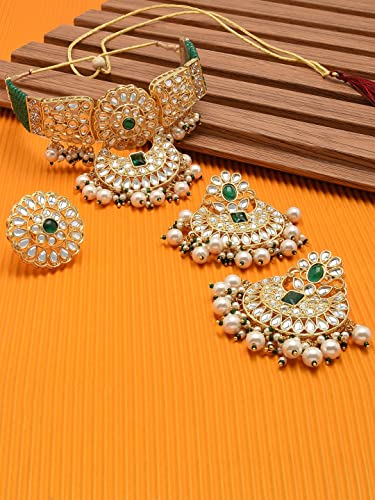 Women's Crystal Bridal Kundan Choker Necklace Earring & Ring Set