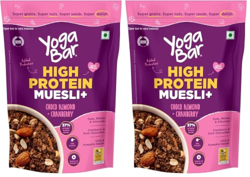Image of Yogabar High Protein Muesli 350g | 23g Protein per 100g | With Probiotics | Easy on gut | Choco Almond +cranberry | Protein Snack | High Fiber Food | Breakfast Cereal (Pack of 2)