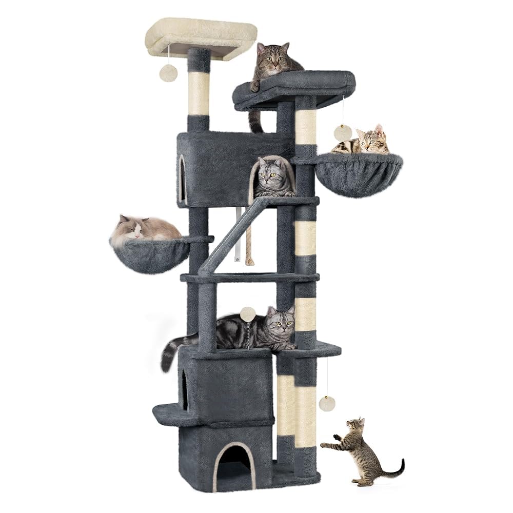 Hzuaneri 185cm Cat Tree, Large Cat Tower for Indoor Cats, Cats House Furniture with Scratching Ramp, 2 Platforms, 3 Condos, 6 Scratching Posts, 2 Baskets, Pompoms, Dark Grey MS18818SG