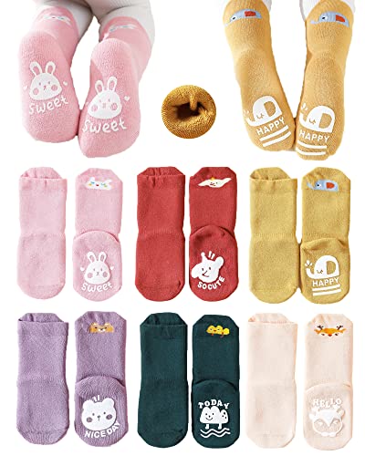 Baby Non-skid Grip Socks Toddler Socks Warm Thick Anti Skid Slipper Crew Socks for Girls Boys Newborn Infant 6 Pairs