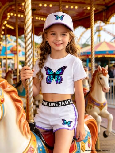 Image of Betusline Girls Summer 2 Piece Outfits,Kids Short Sleeve Crop Top & Shorts Set with Side Pockets