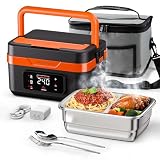 PIRSHGVE Electric Heated Lunch Box: Cordless 6.3-Cup Portable Food Warmer with 75W Fast Heating & Type-C, Leak Proof Stainless Steel Container for Truck Drivers, Office & Construction Workers, Black