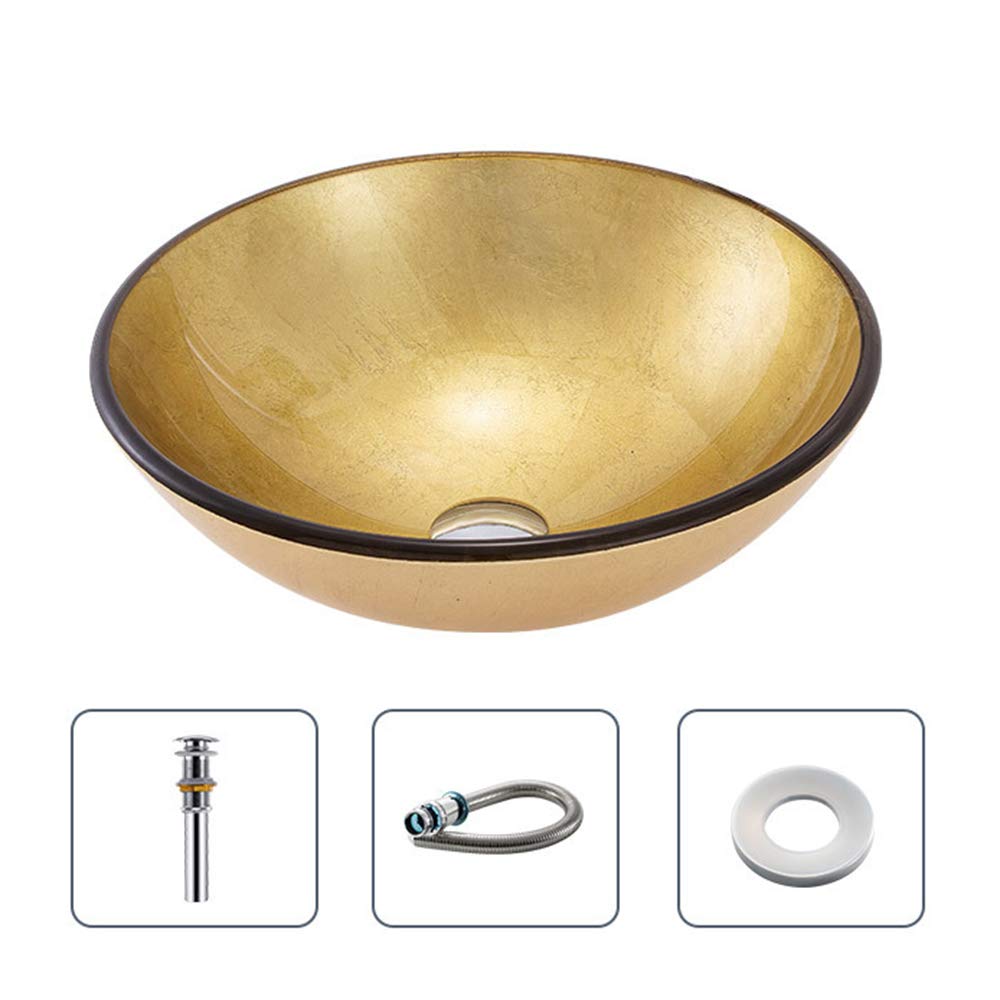 WOTZOV Wash Basin Sink Round Bowl Basin Bathroom Artistic Glass Vessel With Faucet Combo Glass Vessel Bathroom Sink,Gold,C,Gold B