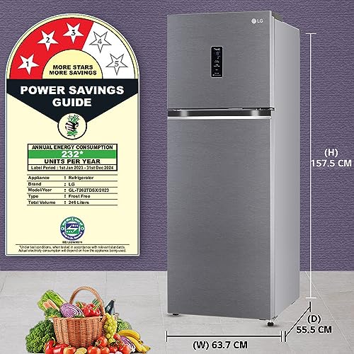 Image of LG 246 L 3 Frost-Free Smart Inverter Compressor Wi-Fi Double Door Refrigerator Appliance (GL-T262TDSX, Dazzle Steel, Convertible With Door Cooling+, 2023 Model)