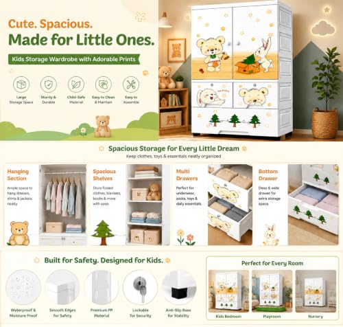 Image of Kids Plastic Wardrobe for Clothes Storage | Baby Cupboard & Almirah with Hanging Rod & Shelves | Portable Collapsible Storage Cabinet for Bedroom | Cartoon Kids Wardrobe