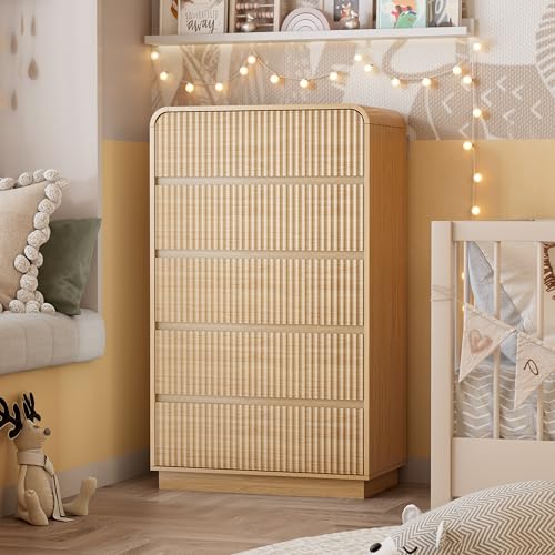 Image of Wodeer Natural Oak Dresser Fluted Tall 5 Drawer Dresser for Bedroom, Wood Chest of Drawers with Hidden Handles & Rounded Corners, Modern Storage Cabinet and Organizer Drawers for Living Room, Hallway