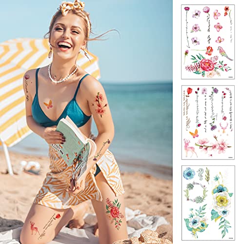 Casciybo Flower Temporary Tattoos For Women Girls Kids, 8Sheets Fake Colorful Leaves Rosetattoo Stickers Waterproof For Face Body Arm Birthday Party Favors Makeup Supplies Gifts #TOP3