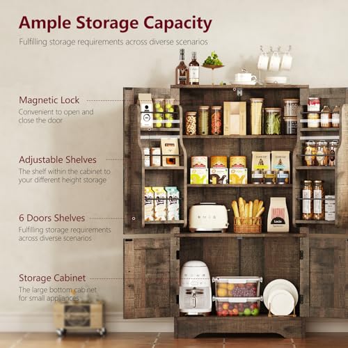 Image of TEENFON Storage Cabinet with 4 Doors, 43.3 inch H Farmhouse Kitchen Cabinet with 6 Door Shelves, Kitchen Storage Cabinets with Adjustable Shelves, for Living Room, Antique Oak
