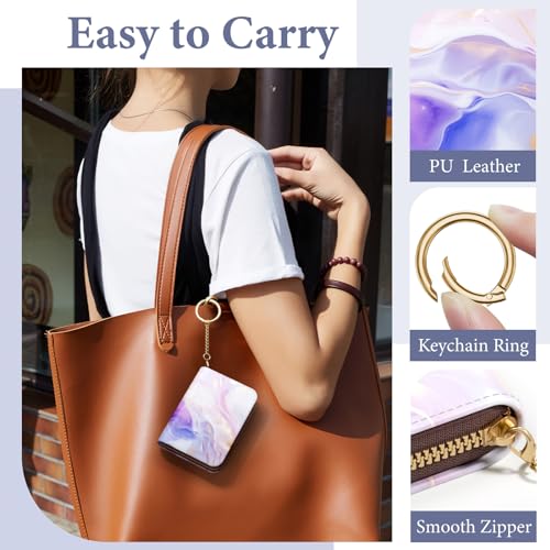 Image of Credit Card Holder RFID Wallet for Women, Small Leather Card Organizer Case with Zipper and Keychain, Purple Marble