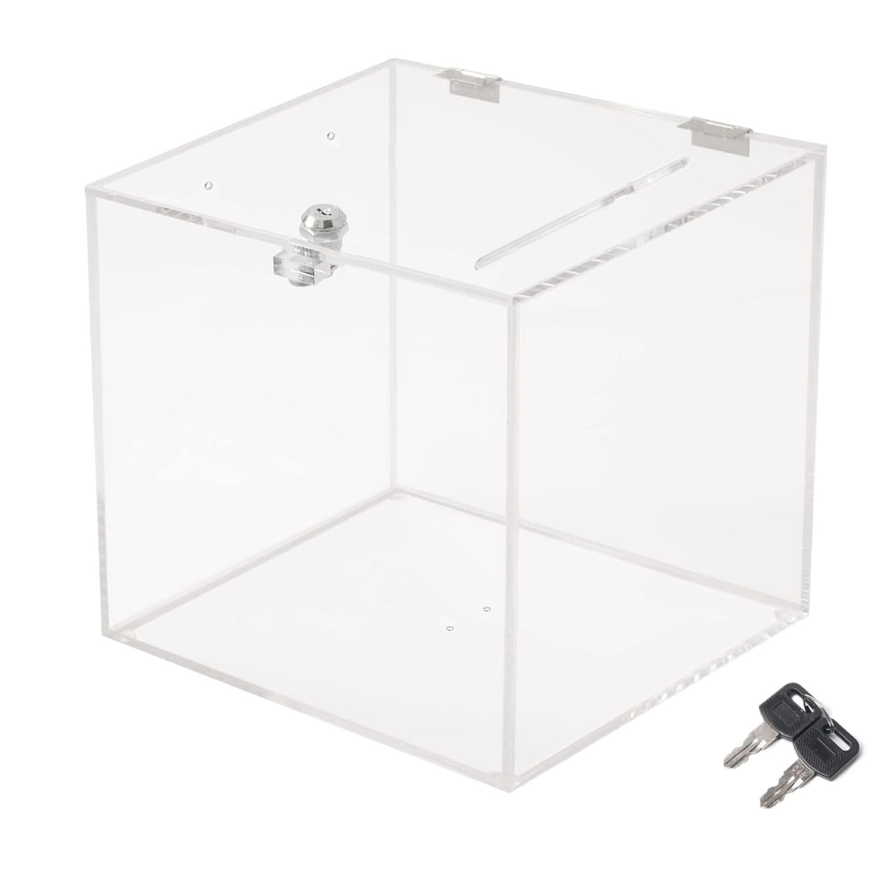 TUKA-i-AKUT Pudełko do darowizn 20 x 20 x 20 cm, z zamkiem, akrylowe pudełko promocyjne, pudełko na loterię, pudełko akcji, Urna wyborcza, kostka akrylowa, przezroczysta TKD8260-20 cm